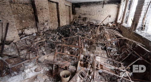 A destroyed school classroom in the village of Chervona Dolyna